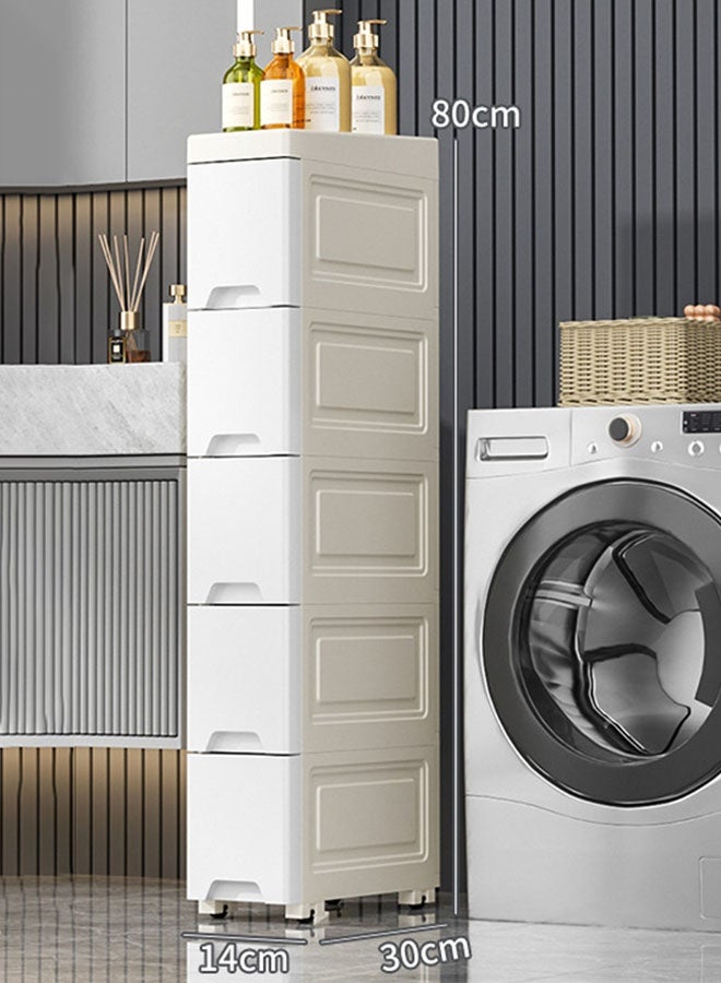 فيفيدوراد تخزين بلاستيكي ضيق 5 طبقات خزانة حمام مع عجلات متحركة، منظم تخزين درج متعدد الوظائف، صندوق حاويات بلاستيكية مقاومة للماء، صندوق تخزين صغير للحمام، خزانة أرضية زاوية للمطبخ، الحمام، غرفة النوم، غرفة المعيشة - Image 2