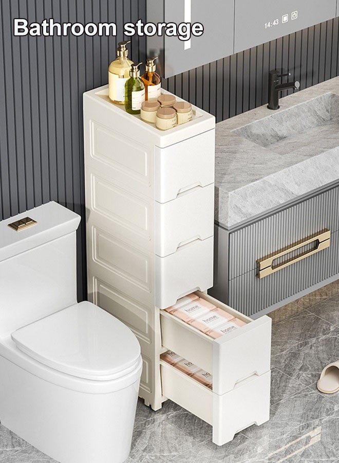 فيفيدوراد تخزين بلاستيكي ضيق 5 طبقات خزانة حمام مع عجلات متحركة، منظم تخزين درج متعدد الوظائف، صندوق حاويات بلاستيكية مقاومة للماء، صندوق تخزين صغير للحمام، خزانة أرضية زاوية للمطبخ، الحمام، غرفة النوم، غرفة المعيشة - Image 5