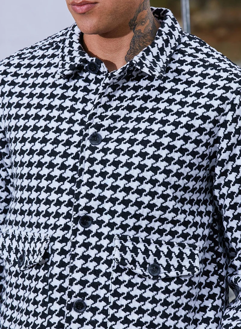 كامبوس سوترا Men's Carbon Black & Chalk White Houndstooth Denim Jacket