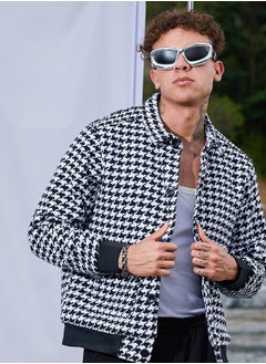 Campus Sutra Men's Carbon Black & Chalk White Houndstooth Denim Jacket  - Image 1