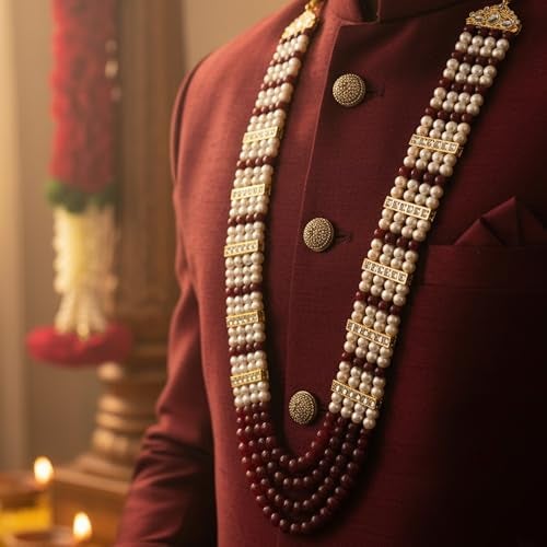 Mahi Multi-Layer Artificial Pearl & Maroon Beads Necklace | Wedding Sherwani Jewellery for Men | Ethnic Dulha Haar for Marriage Ceremony (ML1103875G) - Image 4