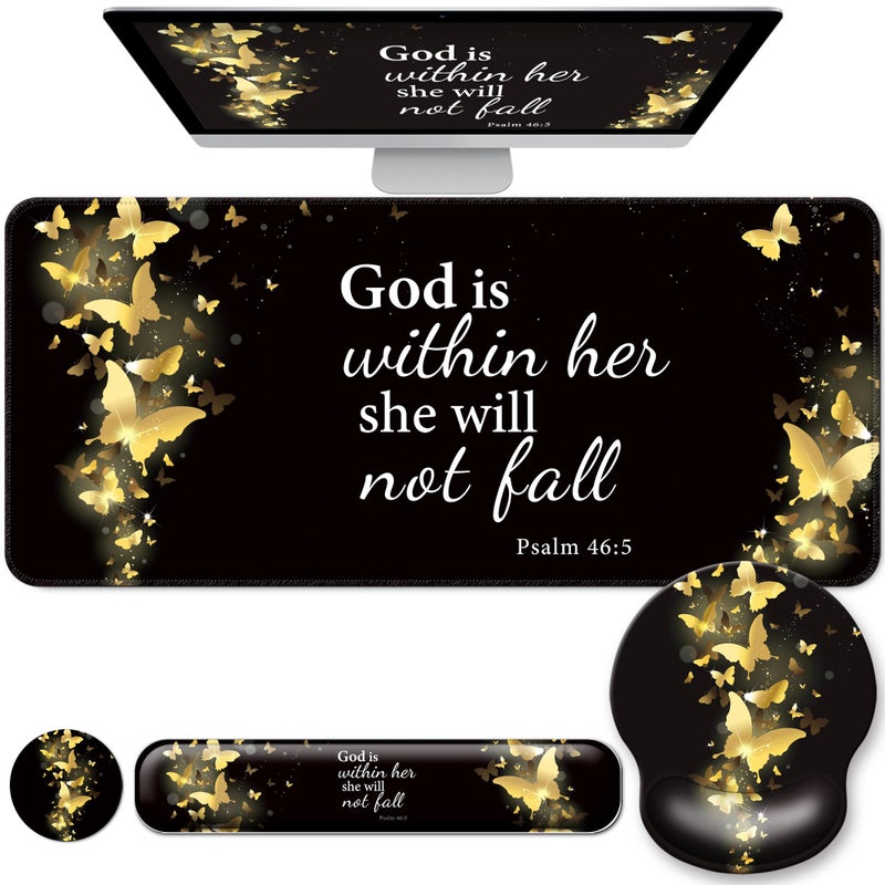 VINEBURY Desk Mat Set + Keyboard and Mouse Pad with Wrist Rest Support,4-in-1 Large Mousepad Computer Mats for Desktop Home & Office-Golden Butterflies - Image 1