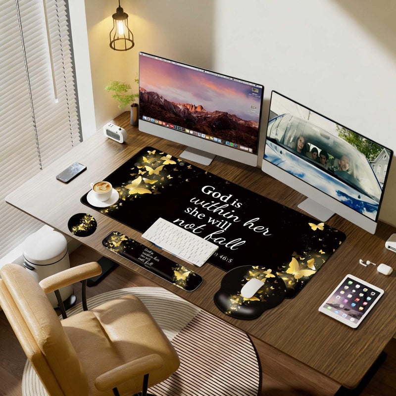 VINEBURY Desk Mat Set + Keyboard and Mouse Pad with Wrist Rest Support,4-in-1 Large Mousepad Computer Mats for Desktop Home & Office-Golden Butterflies - Image 2