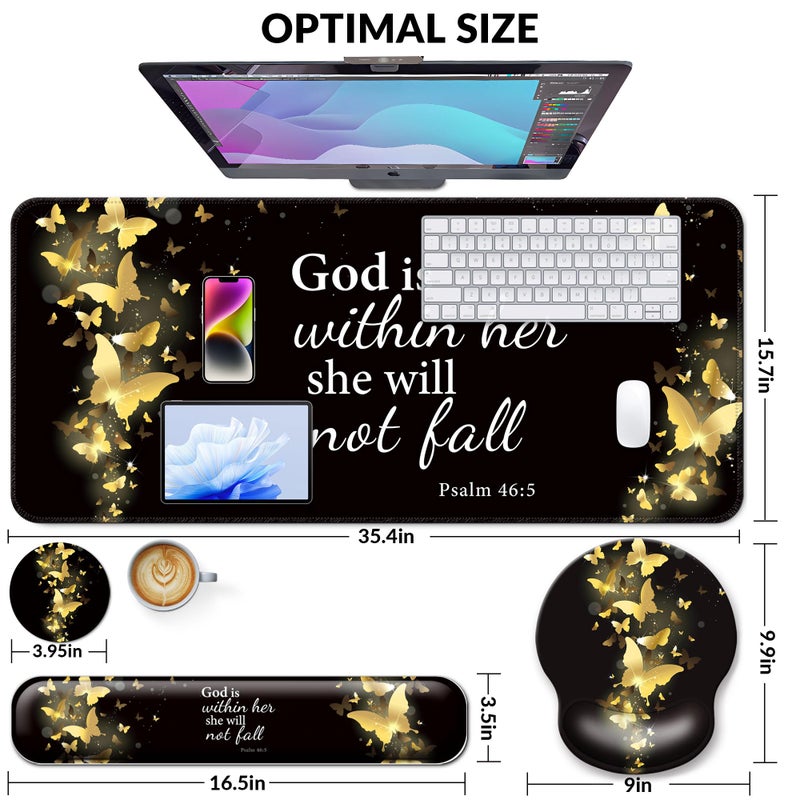 VINEBURY Desk Mat Set + Keyboard and Mouse Pad with Wrist Rest Support,4-in-1 Large Mousepad Computer Mats for Desktop Home & Office-Golden Butterflies - Image 3