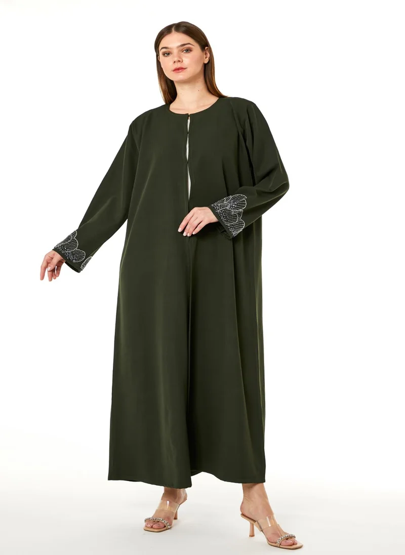 Moistreet Dark Green Korean Nida Hand Embellished Abaya