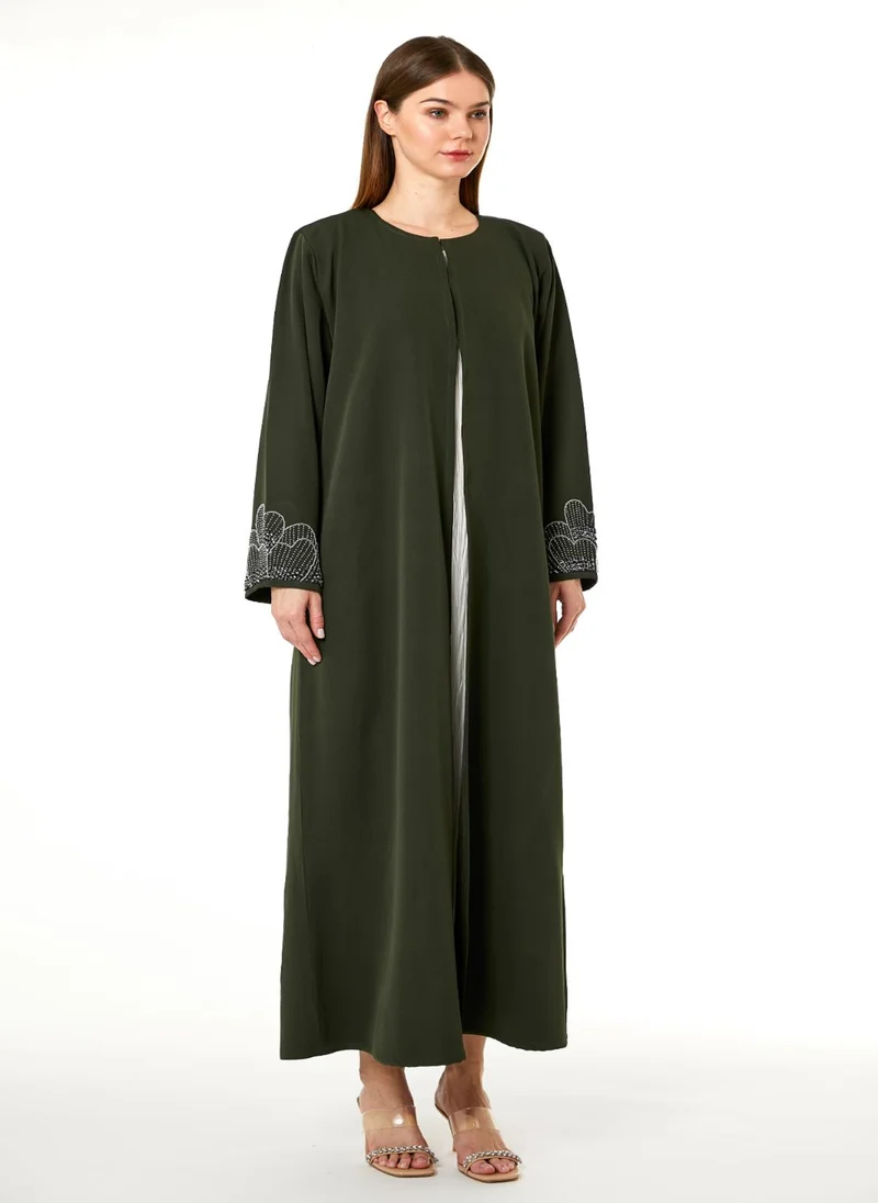 Moistreet Dark Green Korean Nida Hand Embellished Abaya