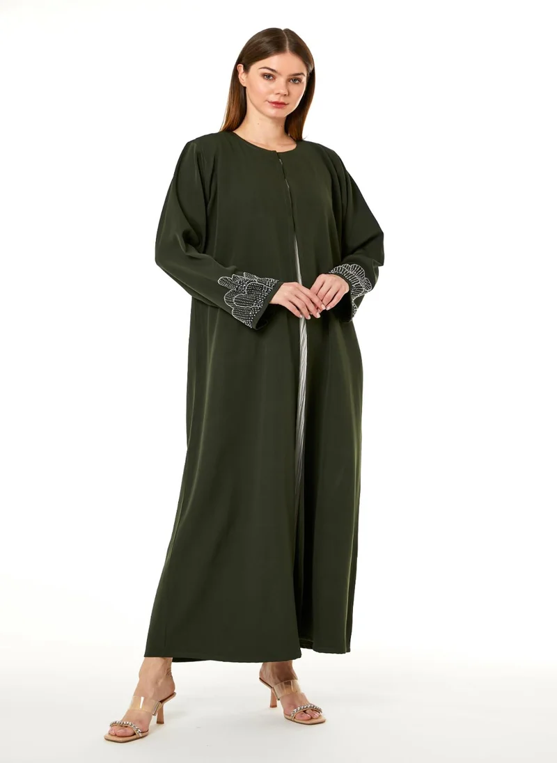 Moistreet Dark Green Korean Nida Hand Embellished Abaya