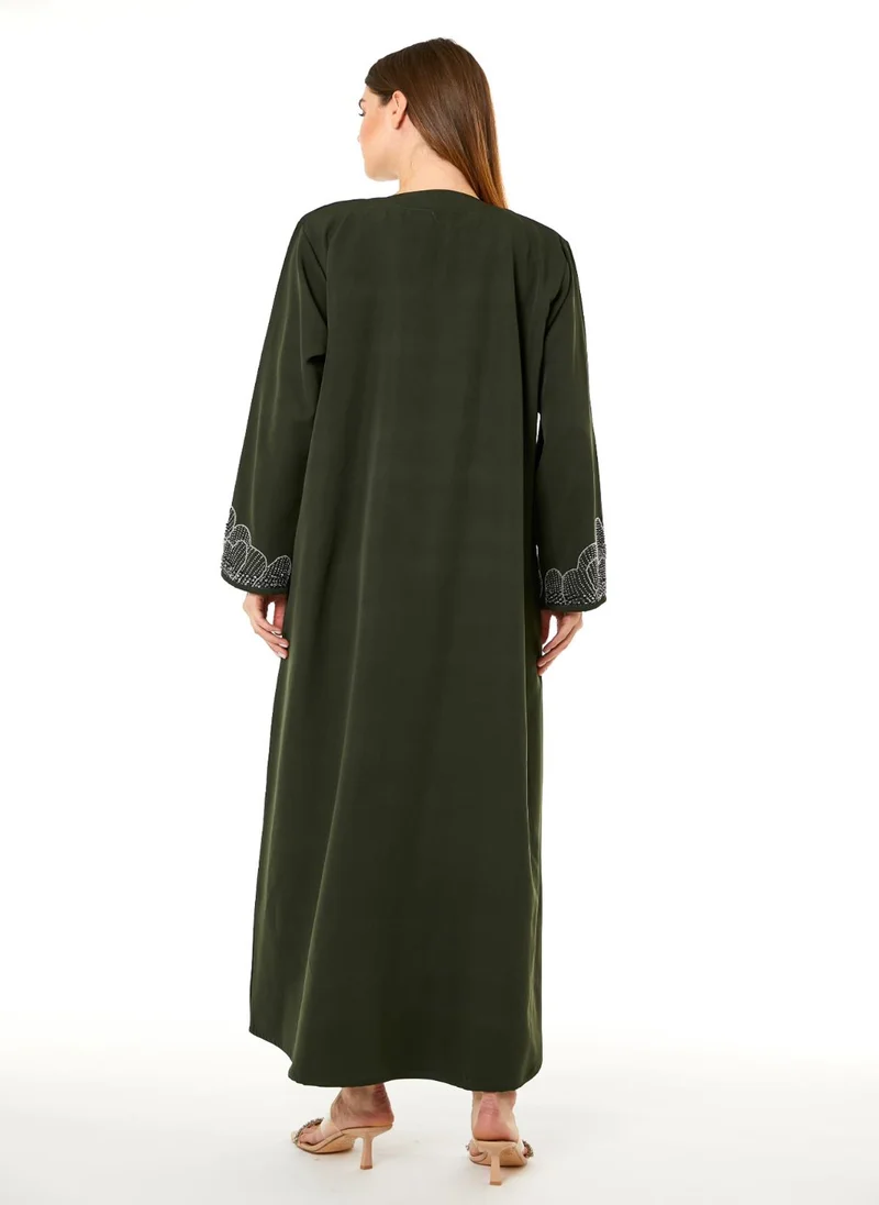 Moistreet Dark Green Korean Nida Hand Embellished Abaya