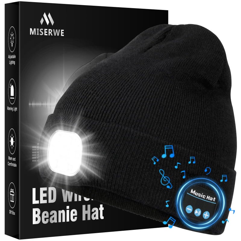 Miserwe LED Beanie with Light, Unisex Rechargeable Flashlight Beanie Hat with Wireless Headphones, Unique Christmas Birthday Gifts for Men Women Black - Image 1