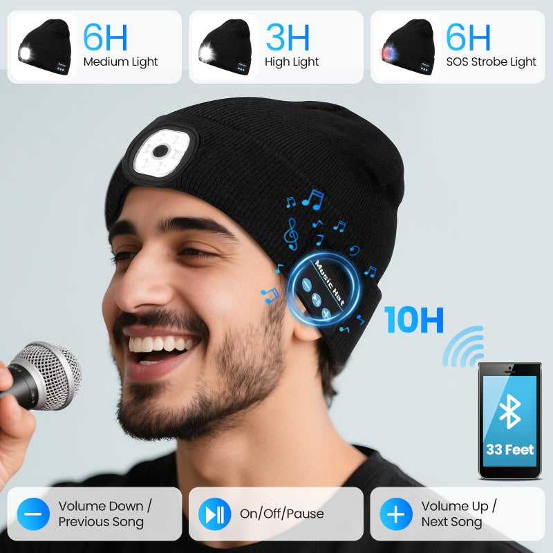 Miserwe LED Beanie with Light, Unisex Rechargeable Flashlight Beanie Hat with Wireless Headphones, Unique Christmas Birthday Gifts for Men Women Black - Image 4