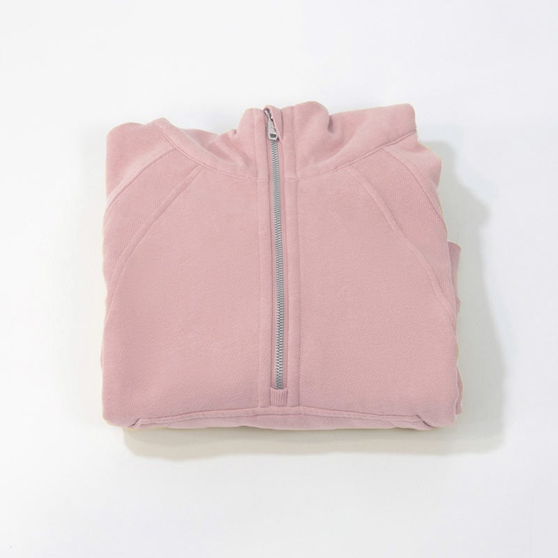 Generic Yoga clothes autumn and winter New short womens sports half zipper hoodie fleece outdoor running quick-drying coat Pink brown 039 half zipper sweatshirt 
