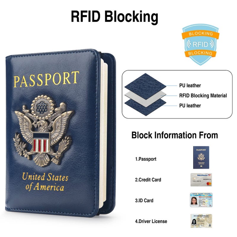 FACATH Passport Holder for Travel Men Women, RFID Blocking Passport Cover Leather Passport Wallet With 3D Metal Badge Waterproof Passport Case Travel Wallets Accessories Document Organizer (Navy Blue) - Image 2