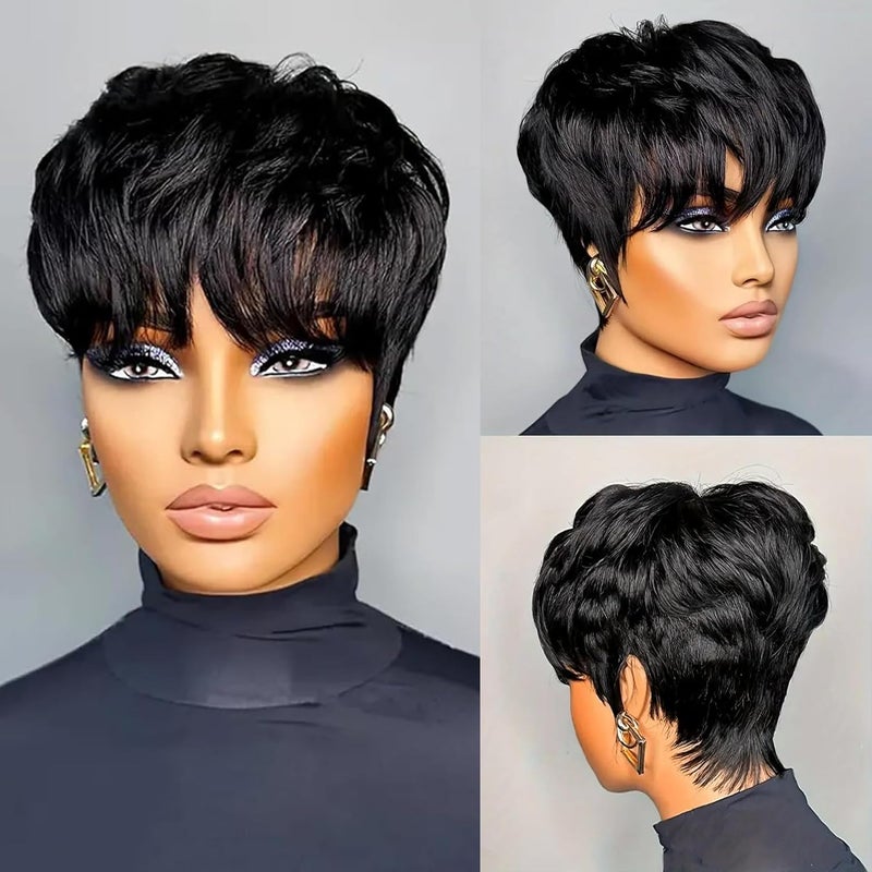SAEIALL Short Pixie Cut Wig for Black Women Black Pixie Human Hair 1B Short Wigs for Women Soft Real Human Hair Glueless Layered Wigs with Bangs Full Machine Made