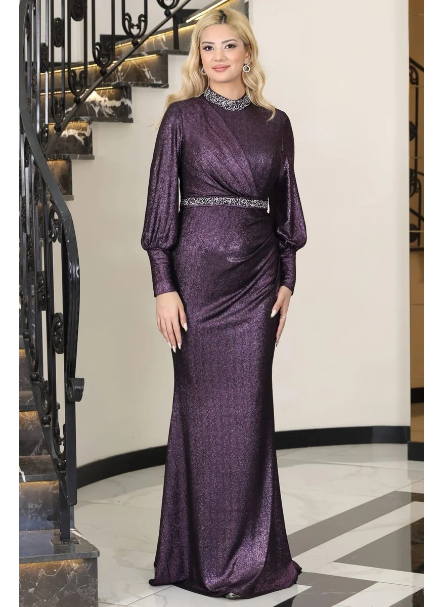 Esilanur Hurrem Tailed Stone Hijab Evening Dress Purple
