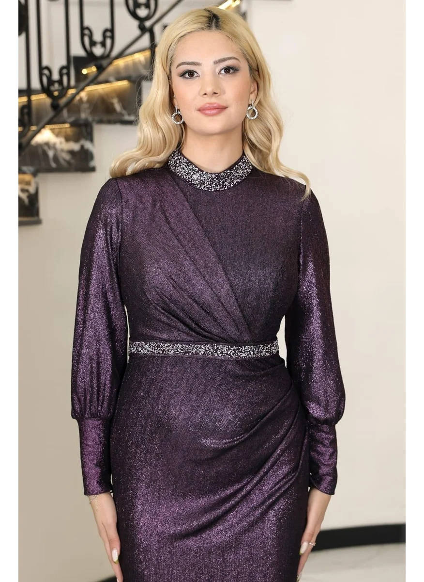 Esilanur Hurrem Tailed Stone Hijab Evening Dress Purple