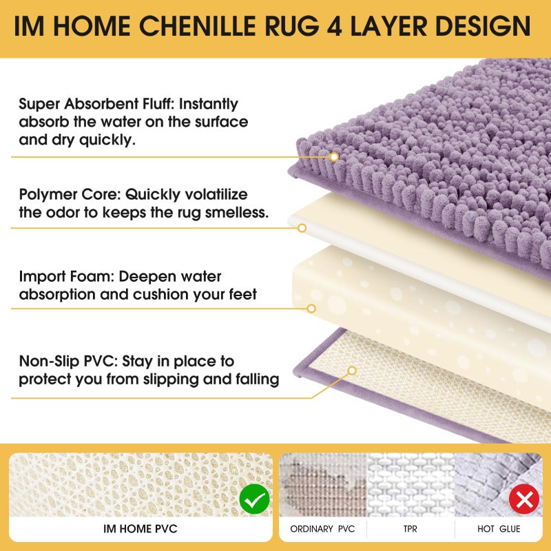 ACCUMTEK Upgrade Extra Large Lavender Bathroom Rug Set 3 Pieces Ultra Soft, Thick Absorbent Bath Mats, Non Slip Chenille Toilet Mat for Bathroom, Bedroom, Kitchen - Image 4
