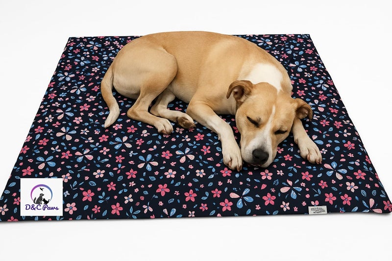 D&C PAWS Pet Bed Mattress 71 X 55 CM | Washable Pet Bed| Light Weighted Dog Flat Mat I Mat for Dogs & Cats, Comfort Soft Heat Relief Pressure Bed, Car Seats, Beds for Summer (Black Flower, Small) - Image 1