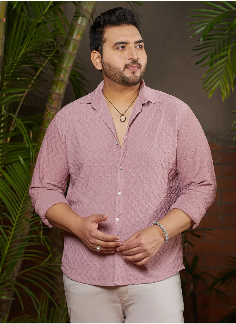 انستافاب بلس Instafab Plus Men's Flamingo Pink Herringbone-Tactile Shirt For Casual Wear | Spread Collar | Long Cuffed Sleeves | Button Closure | Plus Size Shirt Crafted With Comfort Fit For Everyday Wear