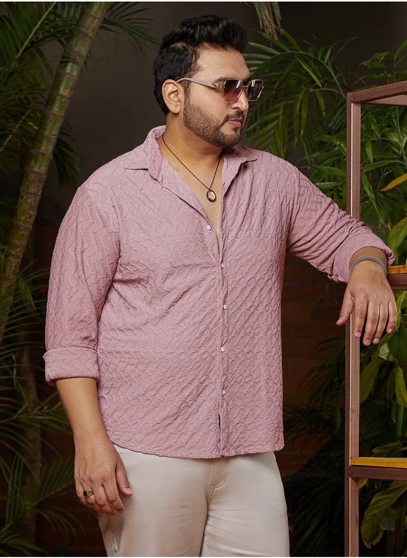 انستافاب بلس Instafab Plus Men's Flamingo Pink Herringbone-Tactile Shirt For Casual Wear | Spread Collar | Long Cuffed Sleeves | Button Closure | Plus Size Shirt Crafted With Comfort Fit For Everyday Wear