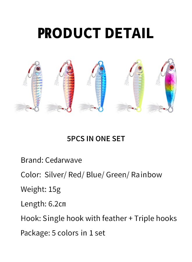 مجموعة من 5 قطع من طُعم الصيد، طُعم صيد، طُعم معدني غاطس، طُعم صيد صغير، طُعم صيد صناعي، طُعم صيد معدني، مياه البحر العذبة، صيد متعدد الأغراض، 5 ألوان، 15 جم، 6.2 سم، خطافات مفردة وثلاثية من الفولاذ المقاوم للصدأ - Image 4