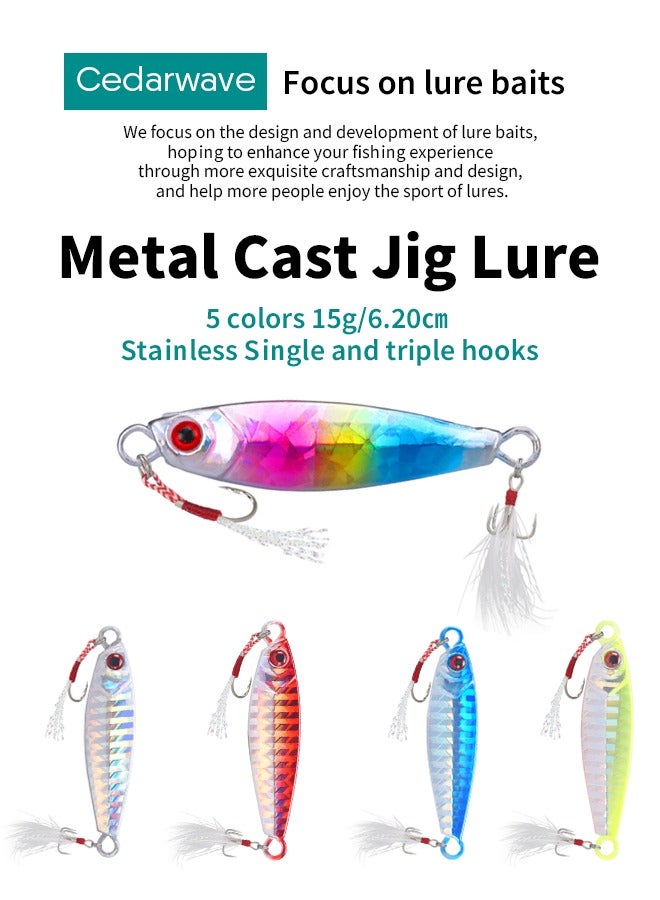 مجموعة من 5 قطع من طُعم الصيد، طُعم صيد، طُعم معدني غاطس، طُعم صيد صغير، طُعم صيد صناعي، طُعم صيد معدني، مياه البحر العذبة، صيد متعدد الأغراض، 5 ألوان، 15 جم، 6.2 سم، خطافات مفردة وثلاثية من الفولاذ المقاوم للصدأ - Image 1