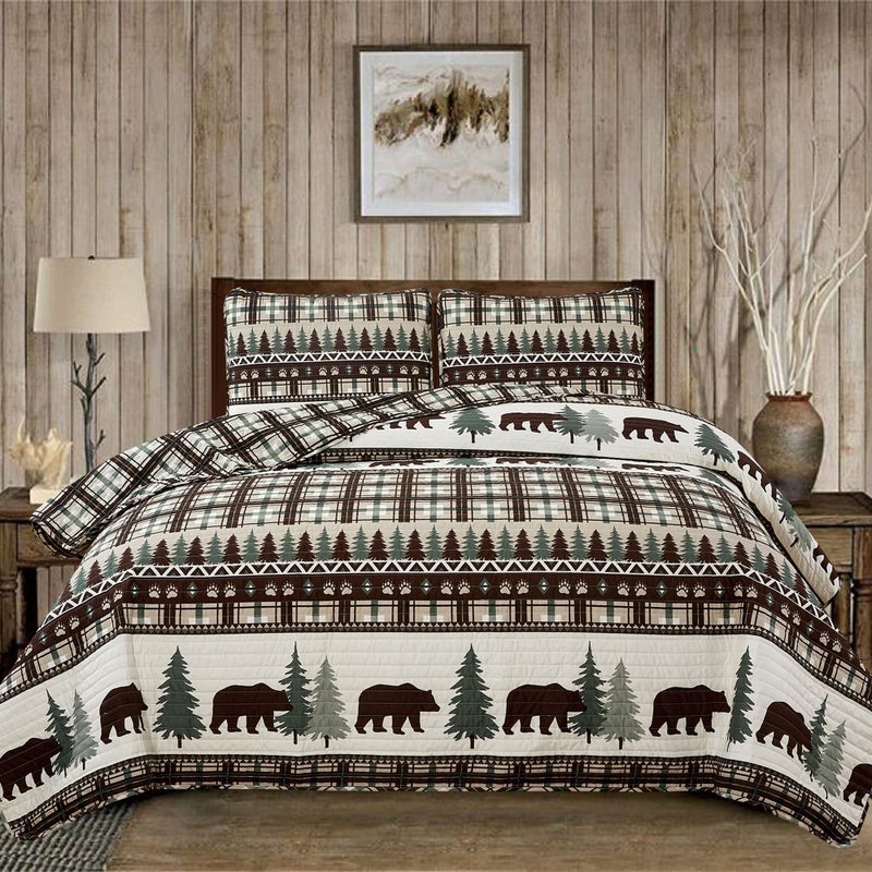 3 Piece Reversible Quilt Set with Shams AllSeason Soft Lightweight Bedspread Rustic Lodge Cabin Printed Plaid Design Cedar Creek Collection King ChocolateGreen