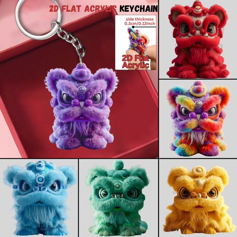 Lion Dance 6 Pieces Acrylic Keychains Set Metal Ring Chain for Backpack Car Key Party Decor - Image 1