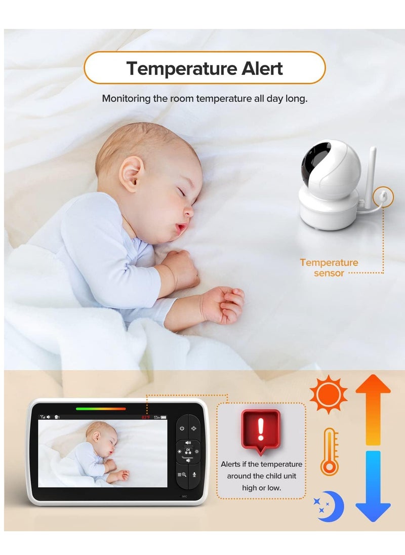 KASTWAVE - Baby Monitor, 5” Large Display Video Baby Monitor with Remote Pan-Tilt-Zoom, Infrared Night Vision, Temperature Display, Lullaby, Two Way Audio, 960ft Range Baby Monitor with Camera and Audio - Image 1
