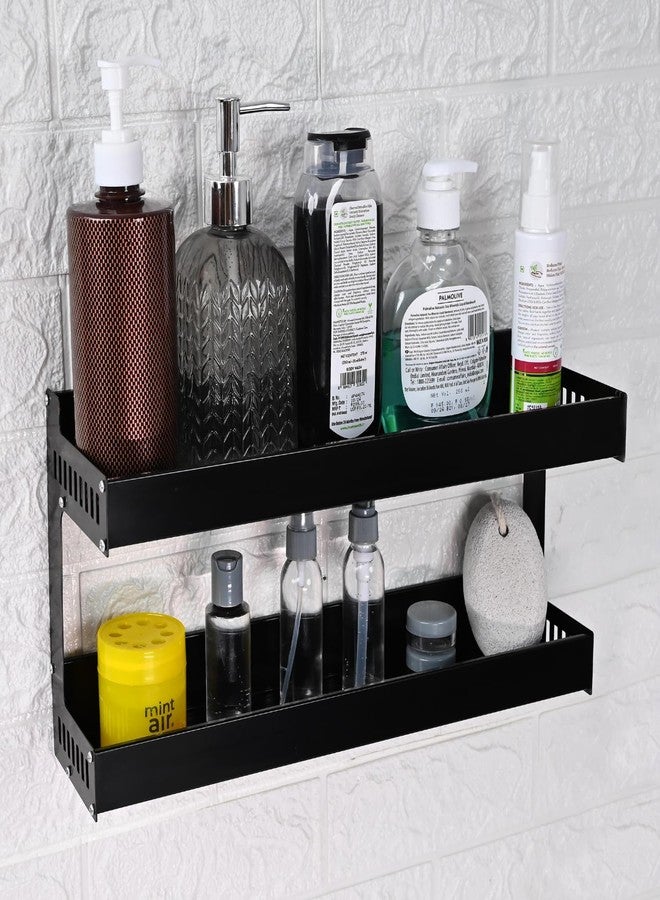 Boniry 40 CM Multipurpose Aluminum Bathroom Shelf with Movable Hooks & Towel Bar | Wall Shelf Bathroom Rack Ideal for Metal Bathroom and Kitchen Shelves (Black, 40 CM with DUBAL Layer) - Image 1