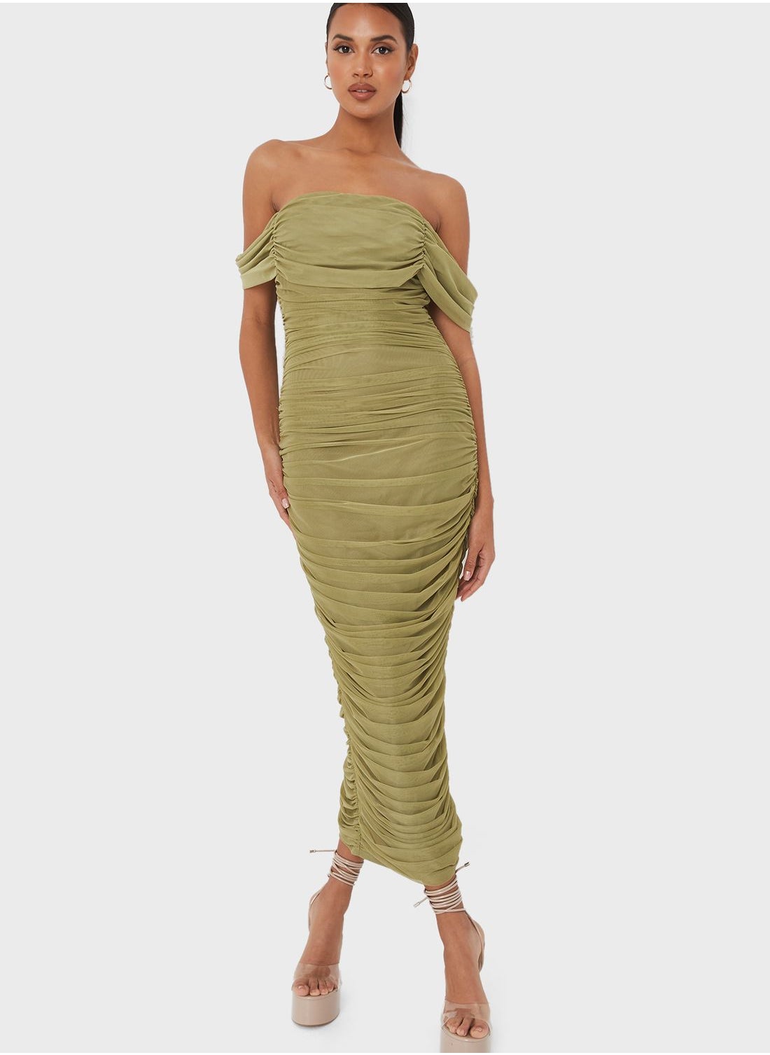 Buy Missguided Khaki Bardot Ruched Bodycon Dress for Women in Bahrain