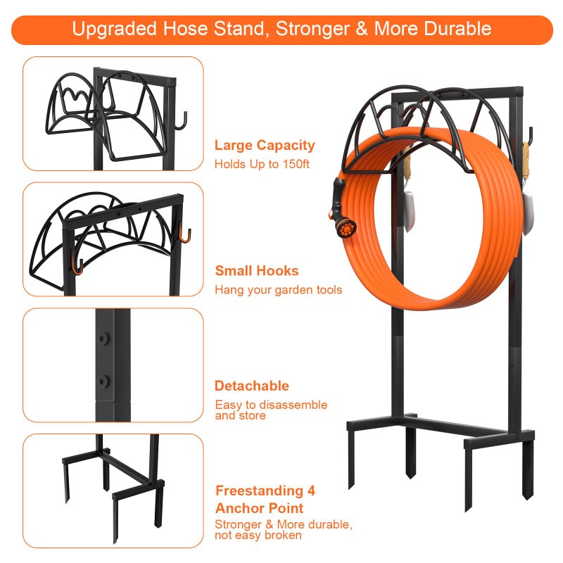VyGrow Garden Hose Holder, Freestanding Heavy Duty Water Hose Holder for Outside, Upgraded Metal Hose Stand with 4 Spikes, Detachable Garden Hose Storage Hose Reel Rack, Black - Image 2