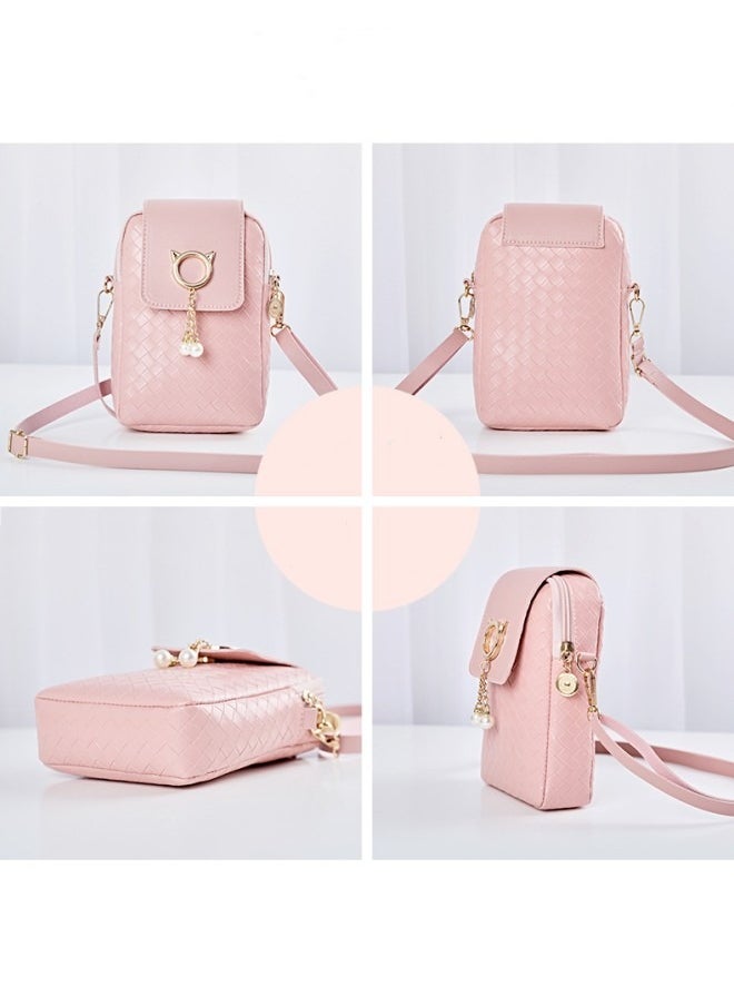 WAOKN - Women's Korean Style Fashionable Woven Shoulder Bag, New Versatile PU Leather Crossbody Bag for Ladies，Girls' Flip-top Magnetic Buckle Carrying Bag, Fresh and Sweet Tote Bags(Pink) - Image 1