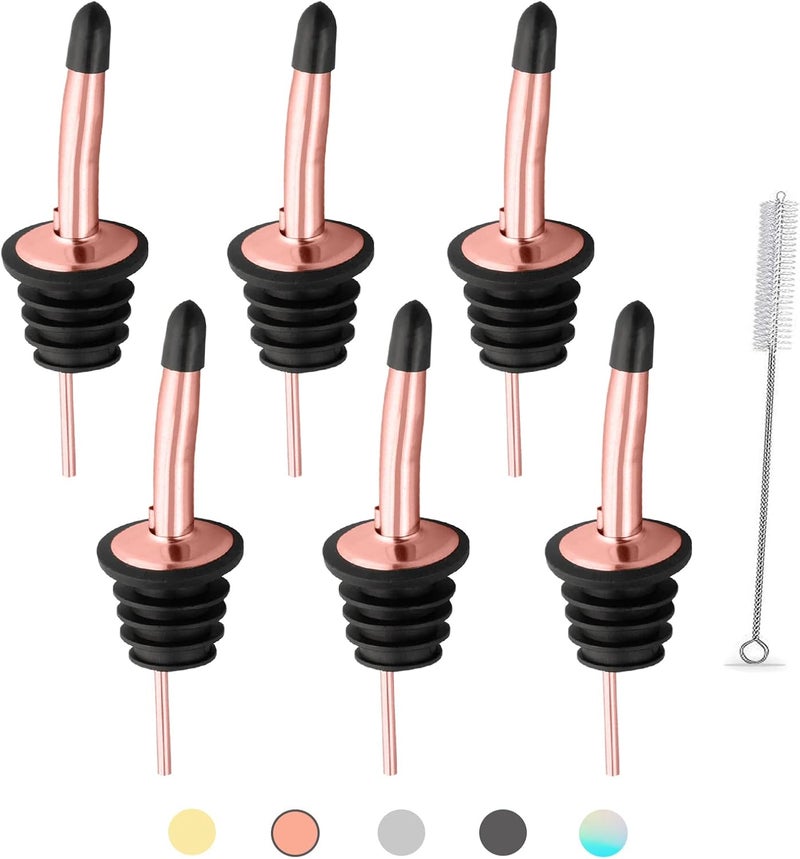 WAFJAMF 6 Pcs Liquor Pour Spouts Set, Stainless Steel Liquor Bottle Pourers with Rubber Dust Caps, for Pours Liquid, Olive Oil, Wine, Vinegar (Rose Gold) - Image 1