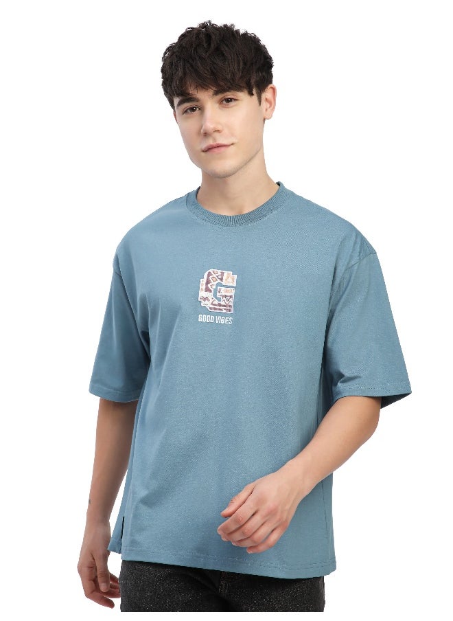 Beyoung Smoky Blue Chest Patch Oversized T-Shirt  - Image 3