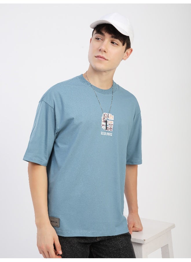 Beyoung Smoky Blue Chest Patch Oversized T-Shirt  - Image 1