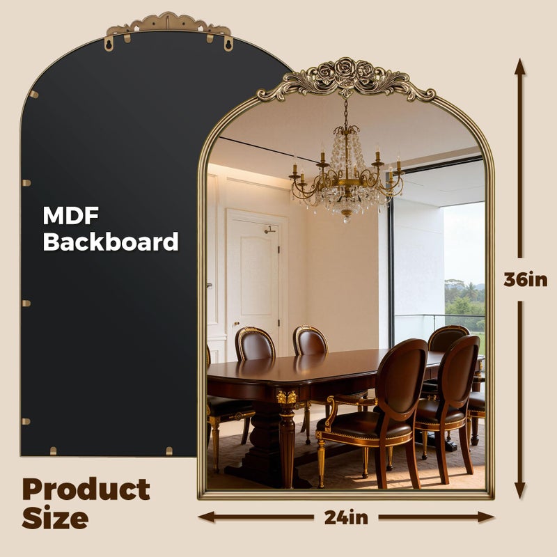 Wemily مرآة ويملي 24"x36" ذهبية عتيقة، مرآة باروكية مزخرفة بإطار معدني وتاج زهور الورد، مرآة ذهبية عتيقة لمدفأة، غرفة معيشة، غرفة نوم، مدخل أو ديكور حائط حمام - Image 5