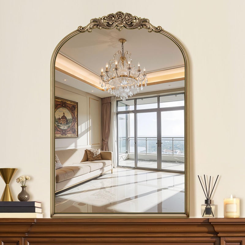 Wemily مرآة ويملي 24"x36" ذهبية عتيقة، مرآة باروكية مزخرفة بإطار معدني وتاج زهور الورد، مرآة ذهبية عتيقة لمدفأة، غرفة معيشة، غرفة نوم، مدخل أو ديكور حائط حمام - Image 1