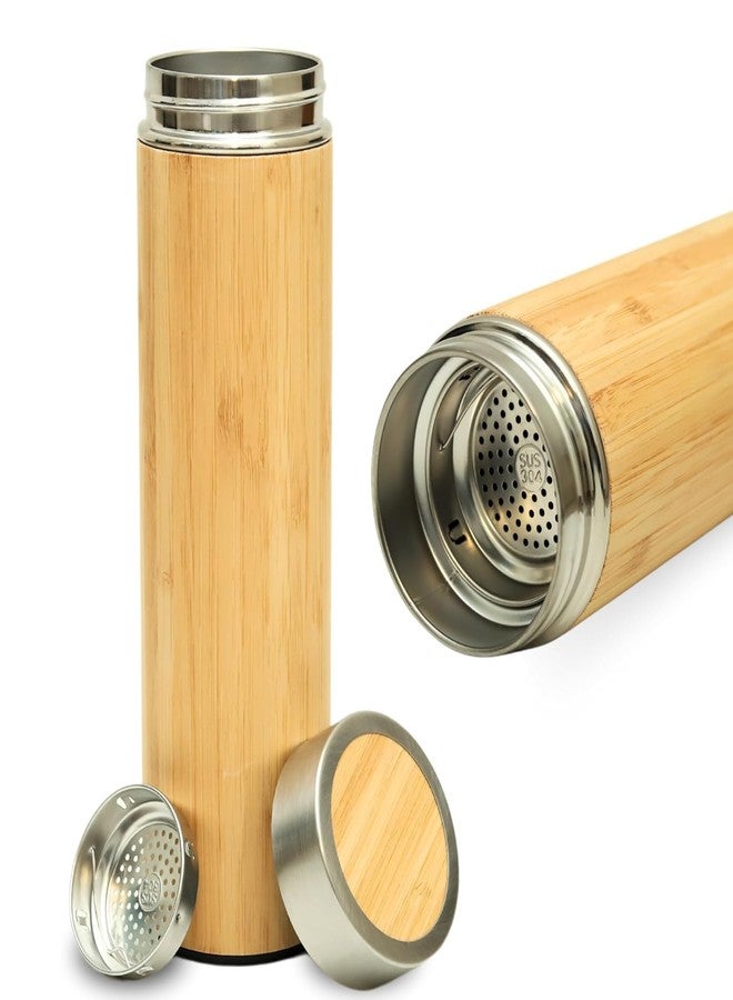 STARFLYER Bamboo Tea Infuser, Insulated Water Bottle, 17oz Reusable Travel Mug, Leak Proof Bottle, Double-walled Stainless Steel Cup with Lid Keeps Hot & Cold Drinks Beverages, for Loose Tea, Coffee. - Image 1