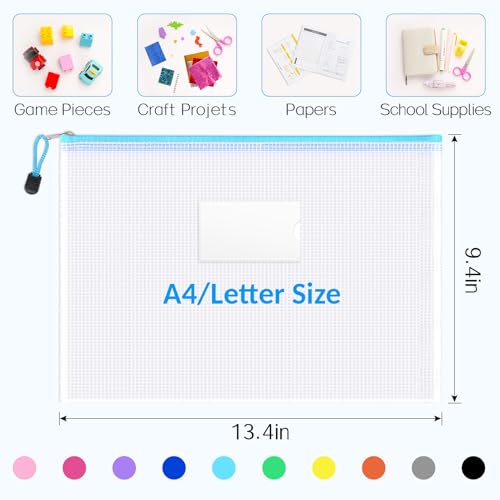 Sooez 20 Pack Mesh Zipper Pouch Bags, A4 Letter Size, Zipper Bags with Label Pocket, Waterproof Pouches for Classroom Organization, Board Game Storage, Document Bag for Teacher School Office Supplies - Image 2