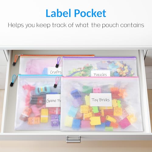 Sooez 20 Pack Mesh Zipper Pouch Bags, A4 Letter Size, Zipper Bags with Label Pocket, Waterproof Pouches for Classroom Organization, Board Game Storage, Document Bag for Teacher School Office Supplies - Image 3