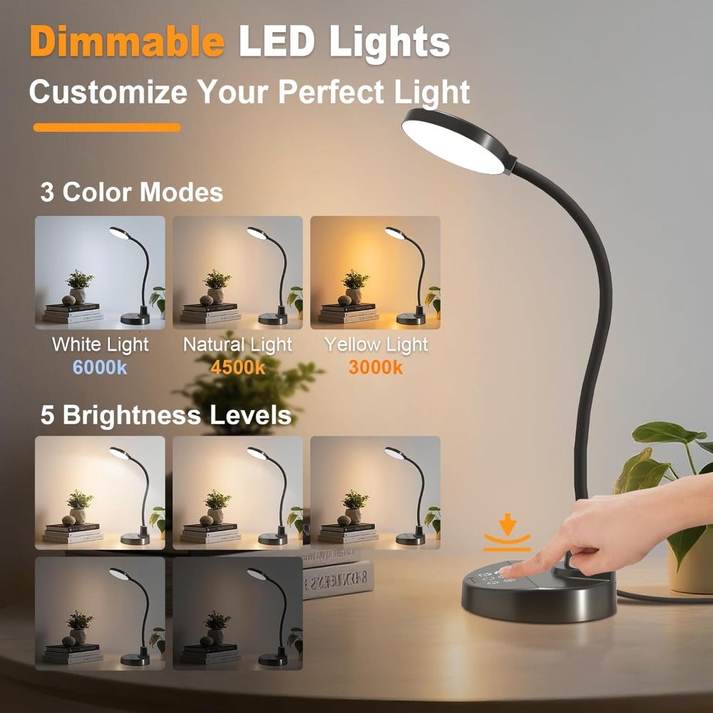 15W LED Desk Lamp with USB Charging Ports Dimmable Table Lamp with 3 Color Temps, 5 Brightness, 4 Timers, Flexible Gooseneck Light with Base, Eye-Caring Reading Light for Home Office, Bedroom, Study