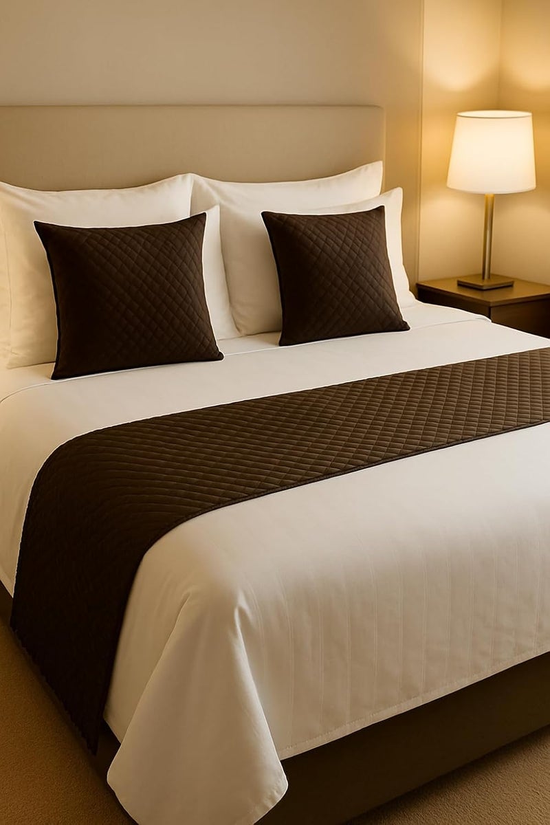 3 Piece Velvet Bed Runner Set – Luxury Quilted Hotel Style Bedding Décor for King Size Bed | Brown | 16x96 Inch Bed Runner with 2 Cushion Covers 16x16 Inch