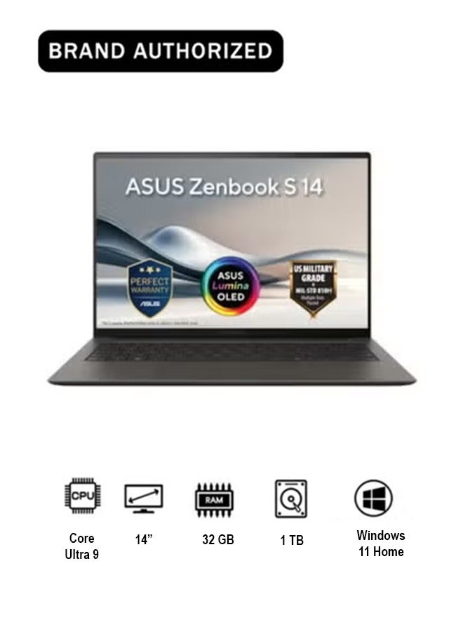 أسوس Zenbook S 14 14-inch display with 32 GB RAM/1 Terabyte Storage/Intel Core Ultra 9 386H/Antrim Gray/UX5406AA-SW452W/Windows 11 Home English/Arabic Antrim Gray - Image 1