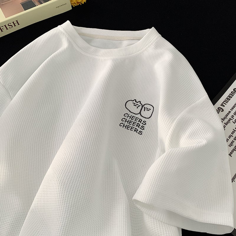 Waffe Short-Sleeved T-Shirt Men'S 2025 Summer Korean Style Trendy Brand Clothes Printed Loose Half-Sleeved American Heavy-Duty T-Shirt - Image 3