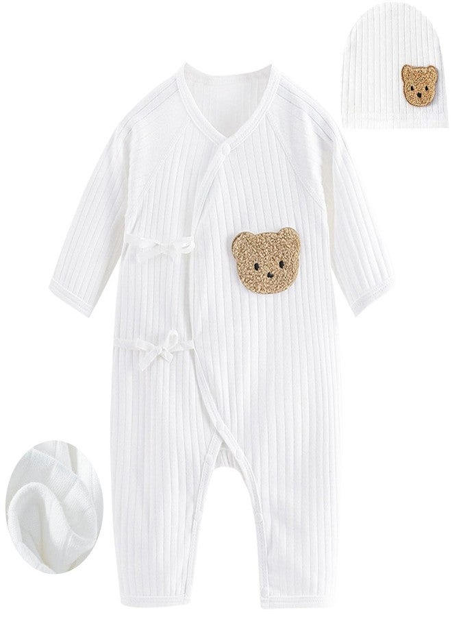 KeCool Baby Boys Girls Romper with Hat Unisex Infant Clothes Set, 100% Cotton Soft Cute Bear Newborn Infant Baby Jumpsuit Bodysuit Clothes Long Sleeve (White, 1-3 Months) - Image 1