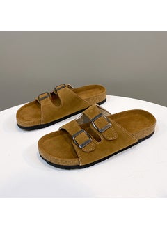Vintage Double Row Buckle Casual Womens Slippers 2024 Summer New Round Head One-Row Style Beach Sandals Polyamide Material Khaki