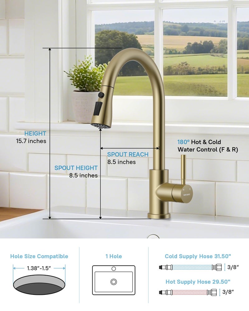 WEWE Kitchen Faucets with Pull Down Sprayer, Stainless Steel Single Handle 1 Hole for Family Kitchen Commercial Camper Laundry Rv Bar, Gold - Image 2