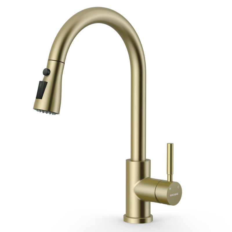 WEWE Kitchen Faucets with Pull Down Sprayer, Stainless Steel Single Handle 1 Hole for Family Kitchen Commercial Camper Laundry Rv Bar, Gold - Image 1
