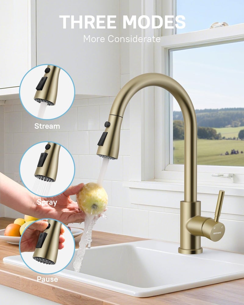 WEWE Kitchen Faucets with Pull Down Sprayer, Stainless Steel Single Handle 1 Hole for Family Kitchen Commercial Camper Laundry Rv Bar, Gold - Image 4
