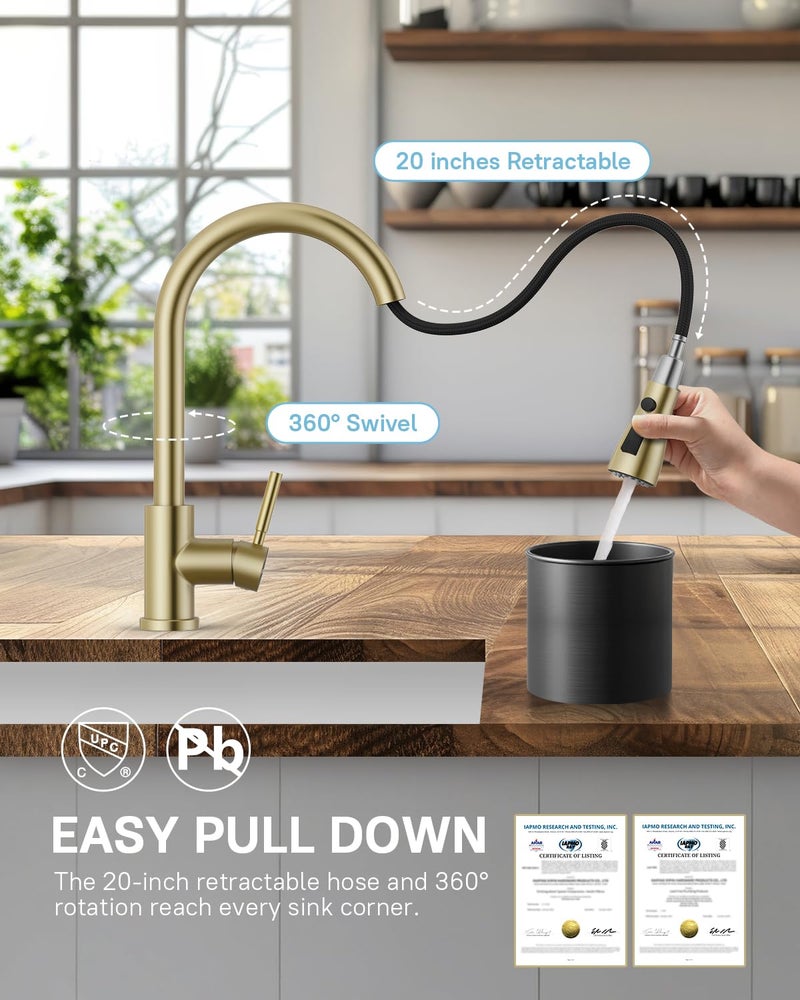 WEWE Kitchen Faucets with Pull Down Sprayer, Stainless Steel Single Handle 1 Hole for Family Kitchen Commercial Camper Laundry Rv Bar, Gold - Image 3